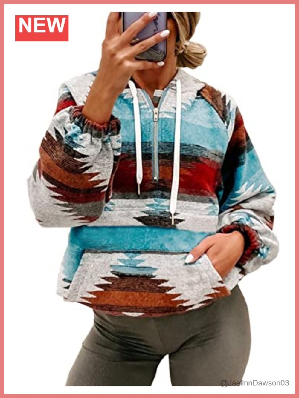 Aztec Print Western Ethnic Half Zip Hoodie Long Sleeve Sweatshirt Pullover
